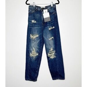 NWT Free People Sandrine Rose Distress Boyfriend High Rise Jeans Women Blue 26